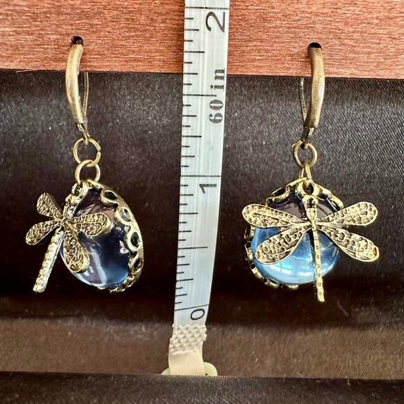 Dragonfly Droplet Golden Tone Earrings - Picture 3 of 4